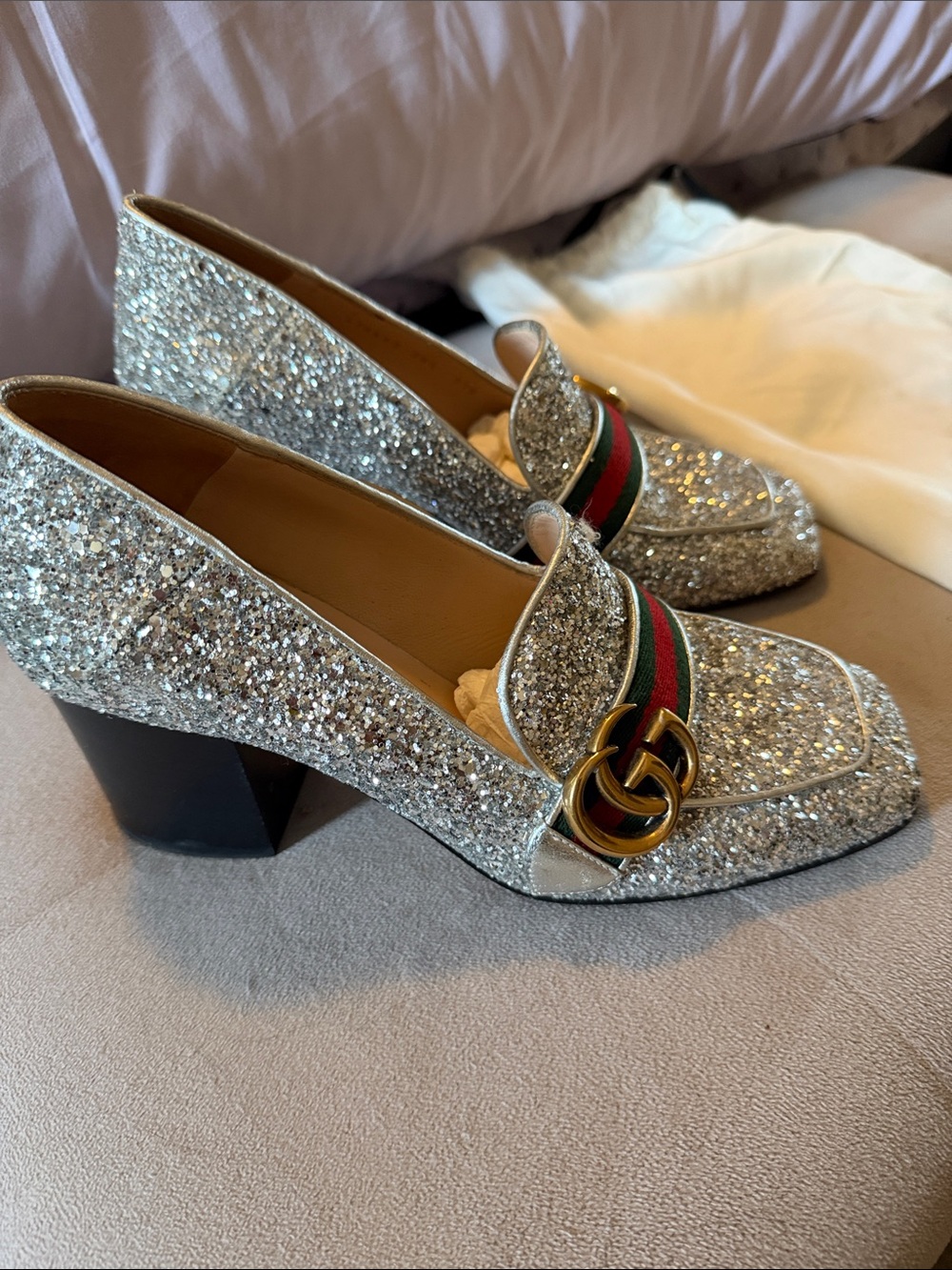 Gucci Silver Glitter Marmont Block Heel Loafers